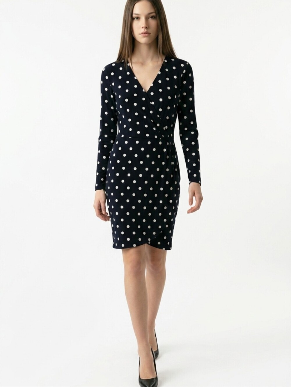 LOFT Navy and White Polka Dot Long Sleeve Dress